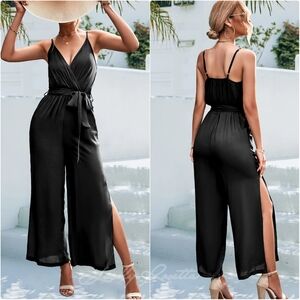 Stylish Slit Jumpsuit with Spaghetti Straps and Tie Belt